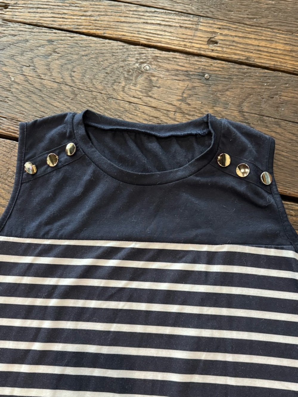 Navy and White Striped Sleeveless Top with Gold Button Detail Womens Large - Picture 2 of 5